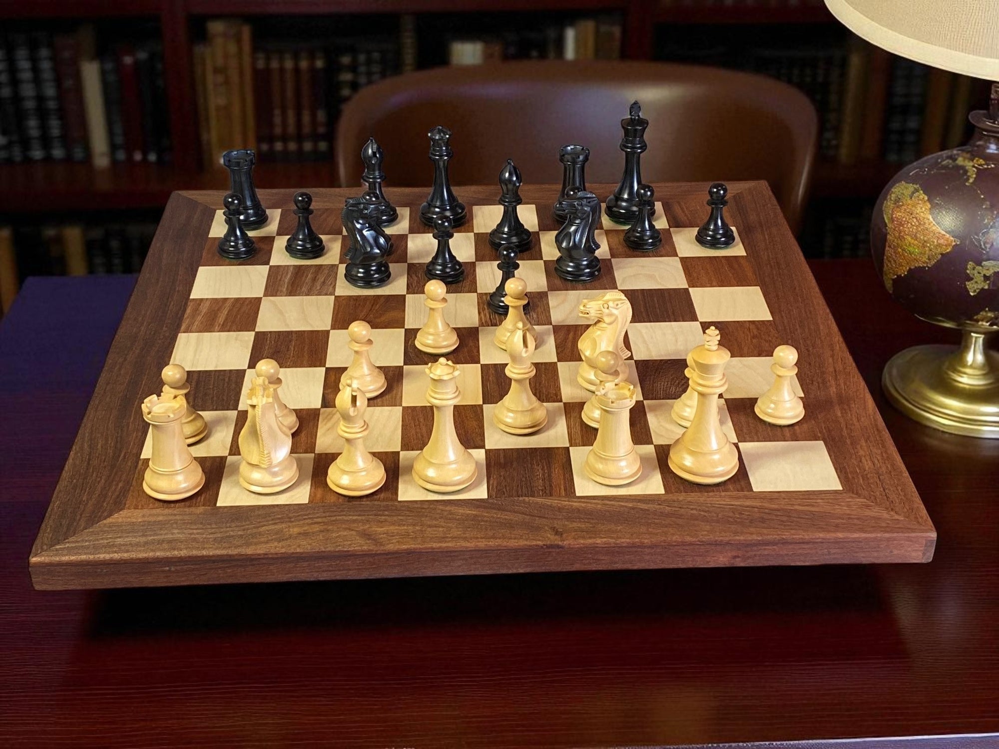 21-Inch Acacia & Maple Chessboard with 4-Inch Staunton Collector Series Chessmen & Mahogany Box