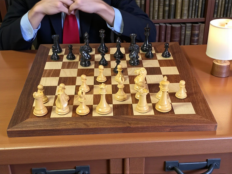 21-Inch Acacia & Maple Chessboard with 4-Inch Staunton Collector Series Chessmen & Mahogany Box