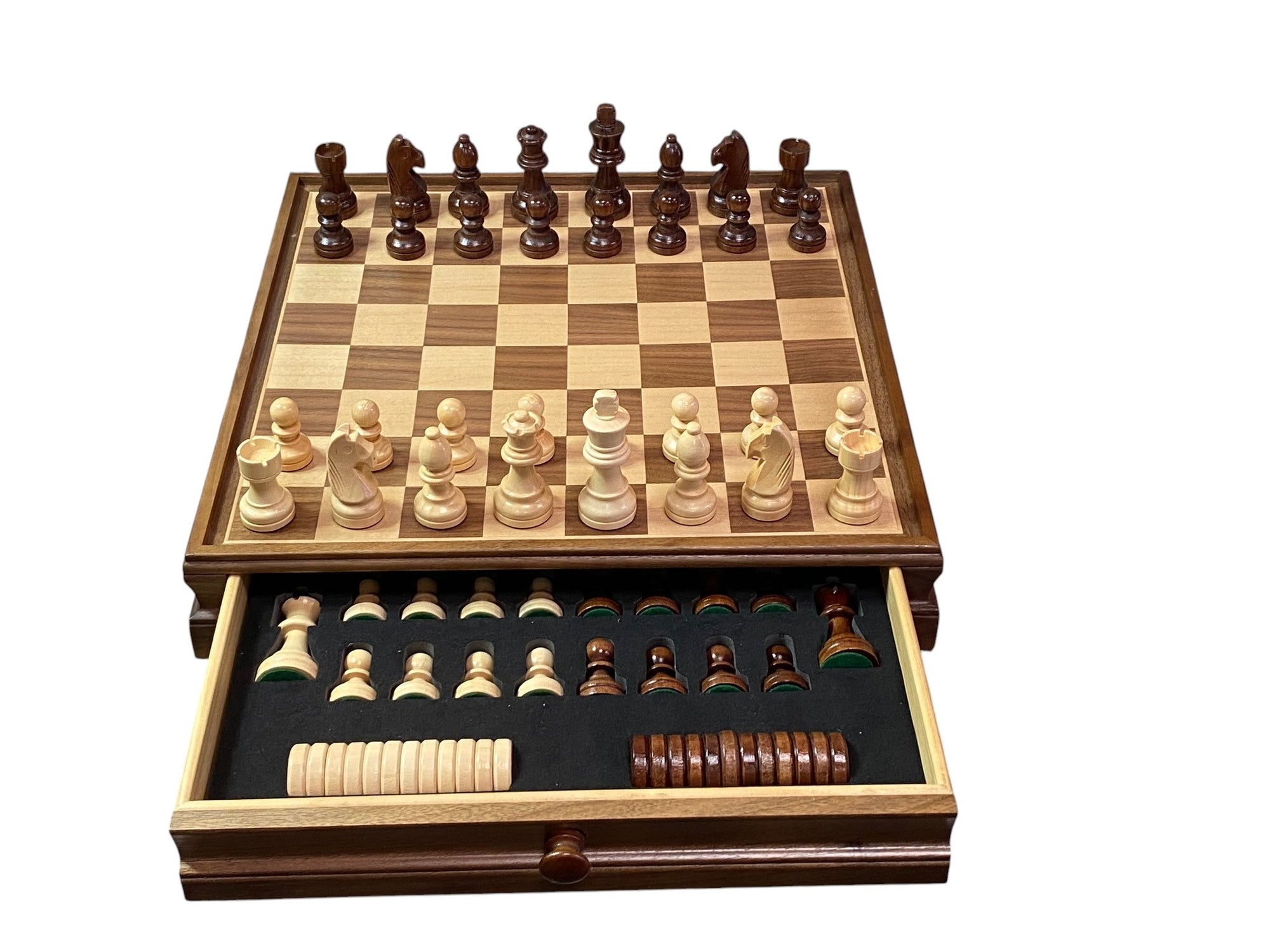Economy 15-Inch Walnut Drawer Chess and Draughts Set