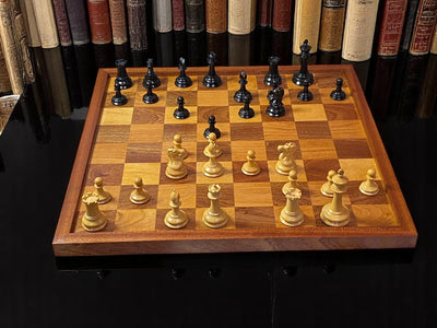 Leuchars Cooke 1849 Chess Set with Large Antiqued Framed Board, Hinged Mahogany Box