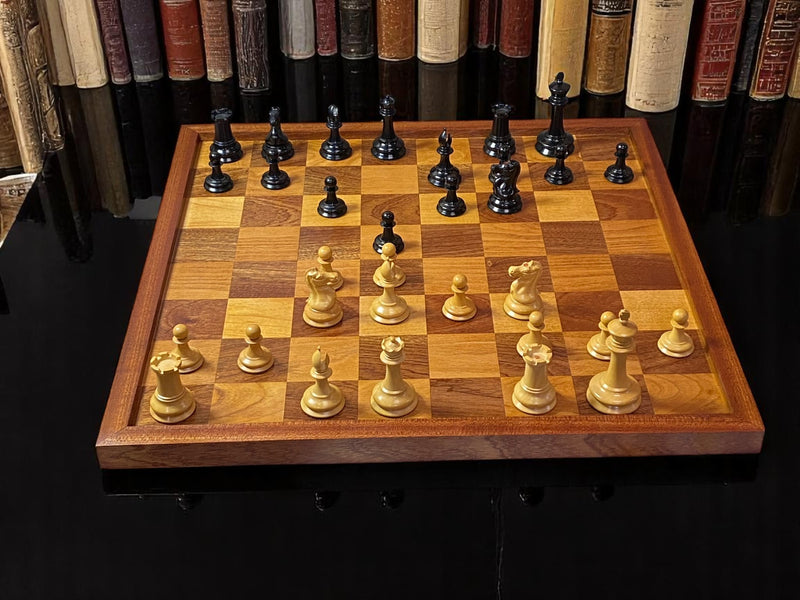 Leuchars Cooke 1849 Chess Set with Large Antiqued Framed Board, Hinged Mahogany Box
