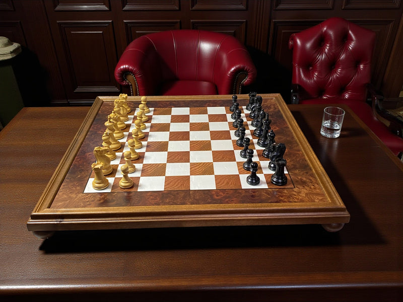 Elite Chessmen with Italian 20" Burl Walnut Maple Board & Mahogany Box