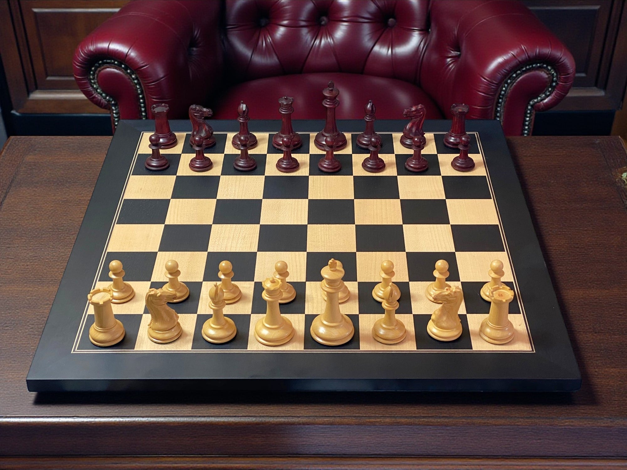 Cooke 3.5" Claret Boxwood Chess Set with 52cm Anegre Deluxe Chessboard & Vinyl Box