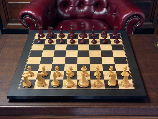 Cooke 3.5" Claret Boxwood Chess Set with 52cm Anegre Deluxe Chessboard & Vinyl Box