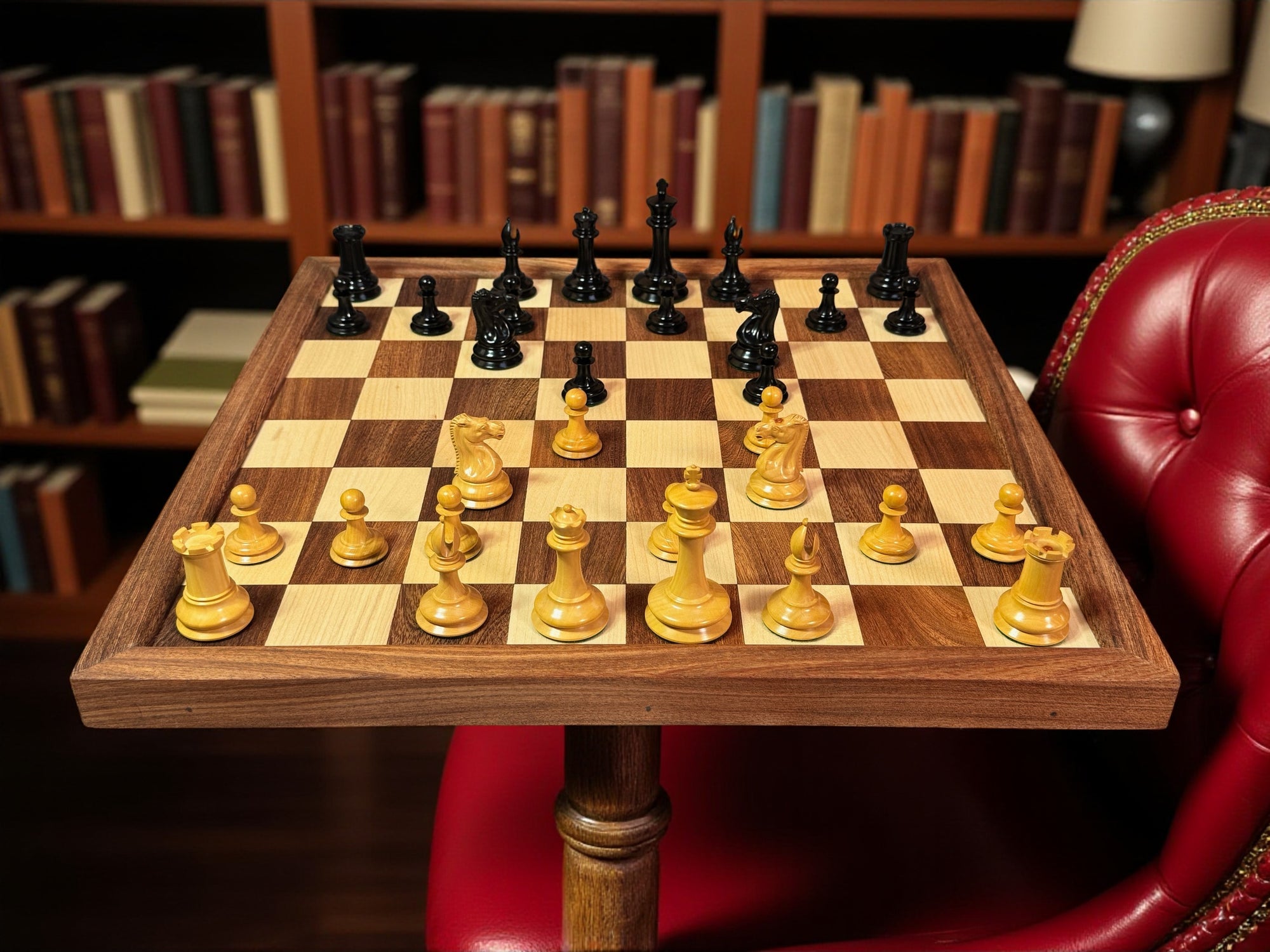 Leuchars 2 - Chessmen Mahogany Box with Framed Wood Chessboard