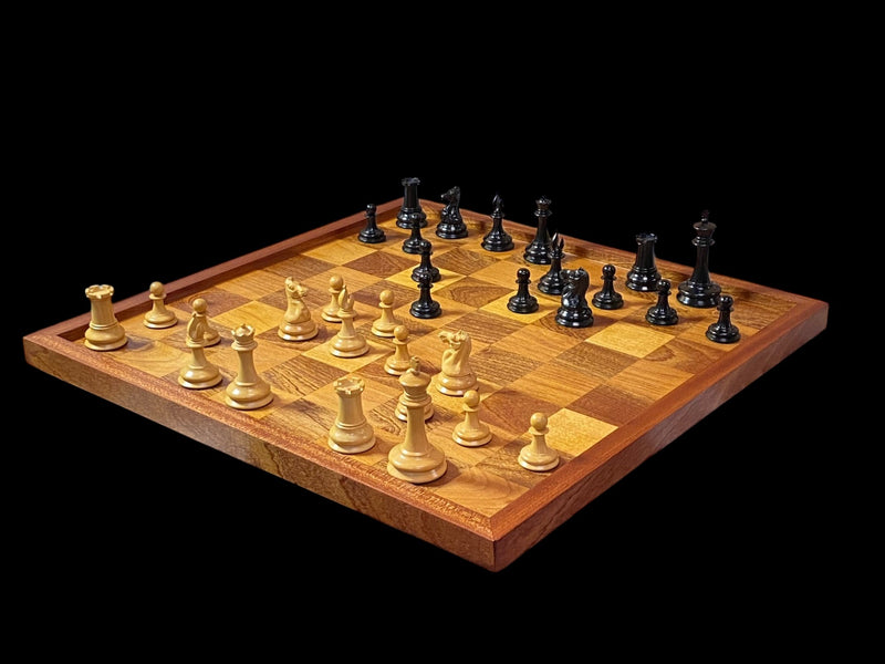 Leuchars Cooke 1849 Chess Set with Large Antiqued Framed Board, Hinged Mahogany Box