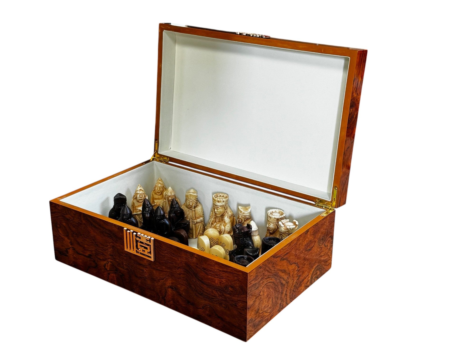 Isle of Lewis Chess Set with Deluxe Walnut Burlroot Storage Box