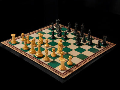 Old English Staunton Chessmen, Green Carton Pierre Roll up Board, Vinyl Box