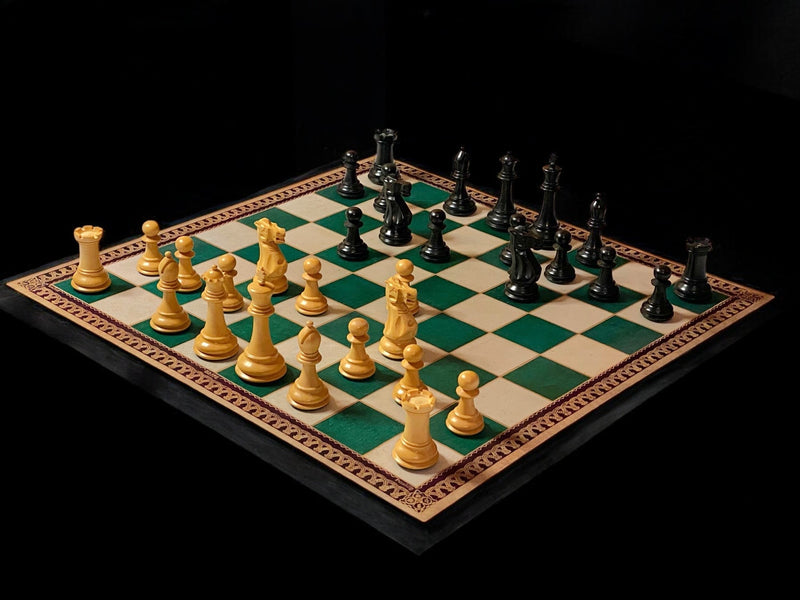 Old English Staunton Chessmen, Green Carton Pierre Roll up Board, Vinyl Box
