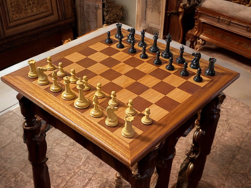 3.5" Cooke Reproduction Chess Pieces, Antiqued Chessboard, Mahogany Hinged Box