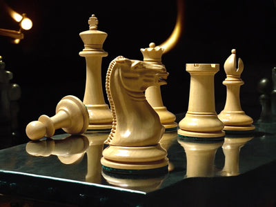 1849 Cooke Chessmen with 20-Inch Anegre Burl Board Vinyl Box
