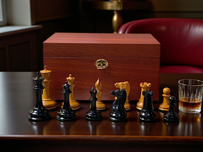 3.5" 1850 Antique Ebony Chessmen with Hinged Mahogany Box