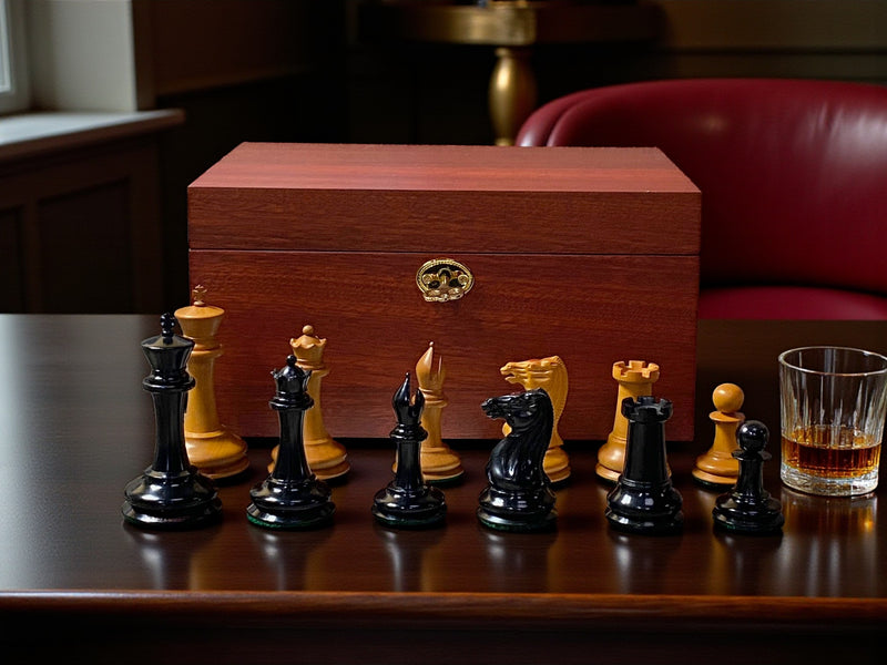 3.5" 1850 Antique Ebony Chessmen with Hinged Mahogany Box