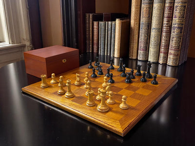Dropjaw Staunton Chess Set – Heavy Relic Antique Board & Mahogany Box
