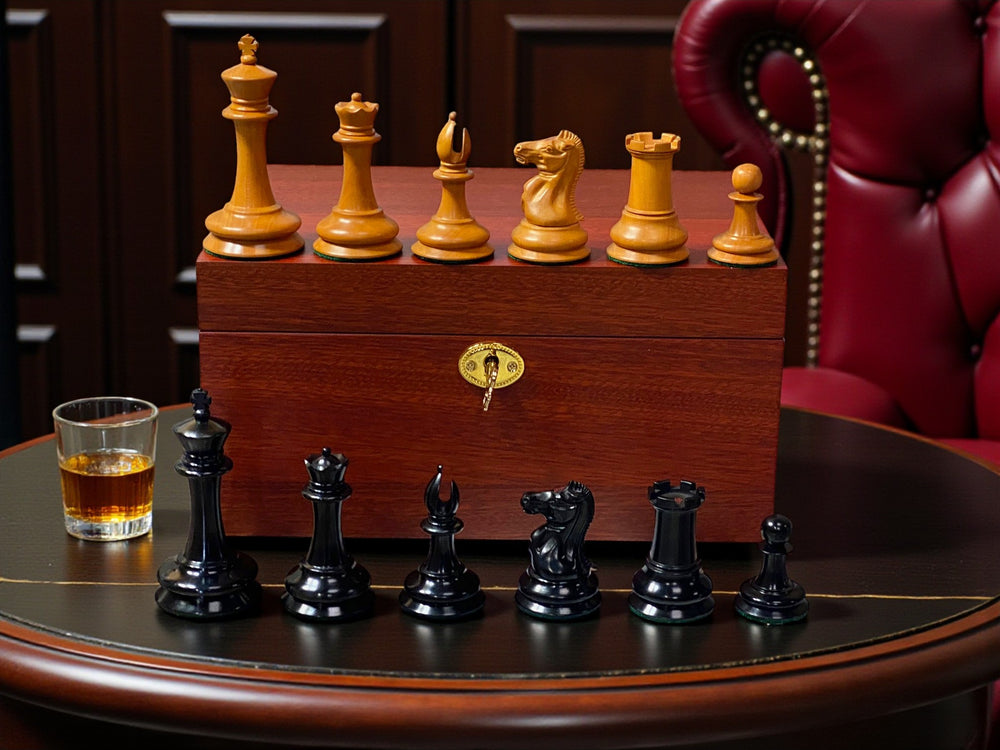 Antique Leuchars Cooke Chessmen and Mahogany Deluxe Box