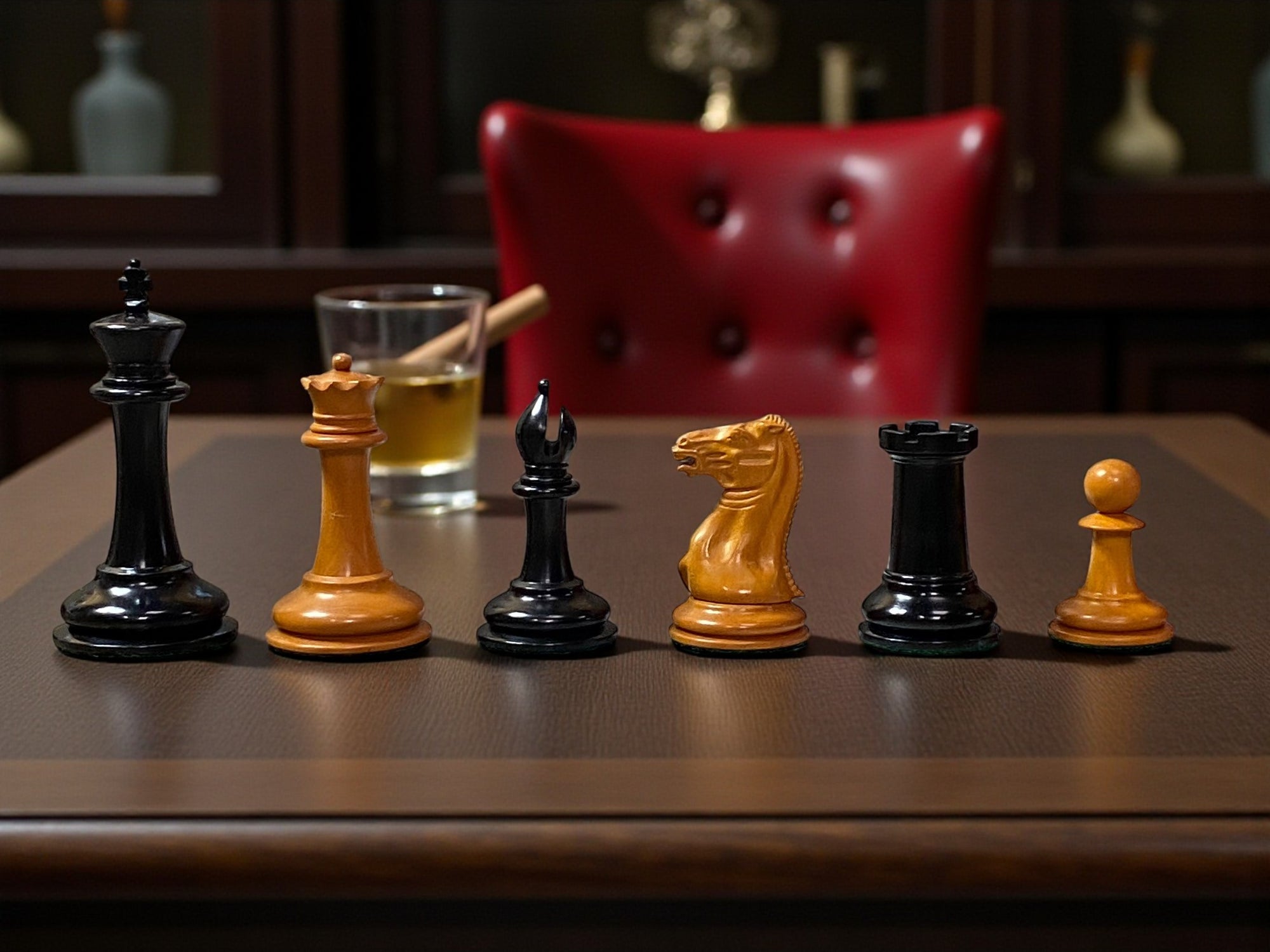 3.5" 1849 Antique Cooke Chessmen with Mahogany Box