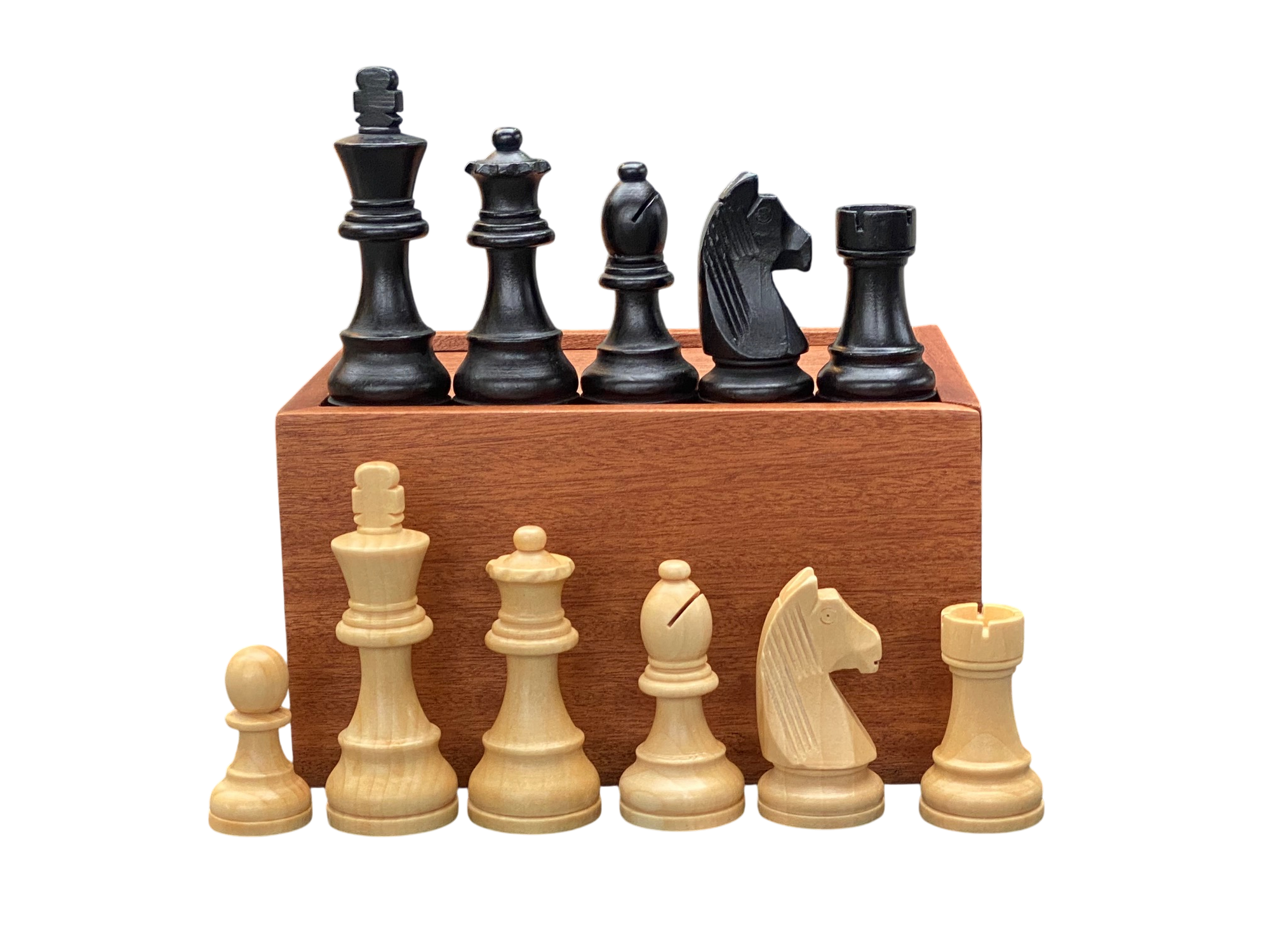 3.75" Club Classic Black and Natural Chessmen and Solid Mahogany Slide Lid Box