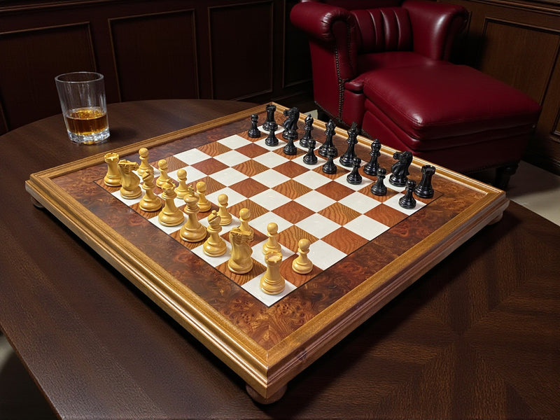Elite Chessmen with Italian 20" Burl Walnut Maple Board & Mahogany Box