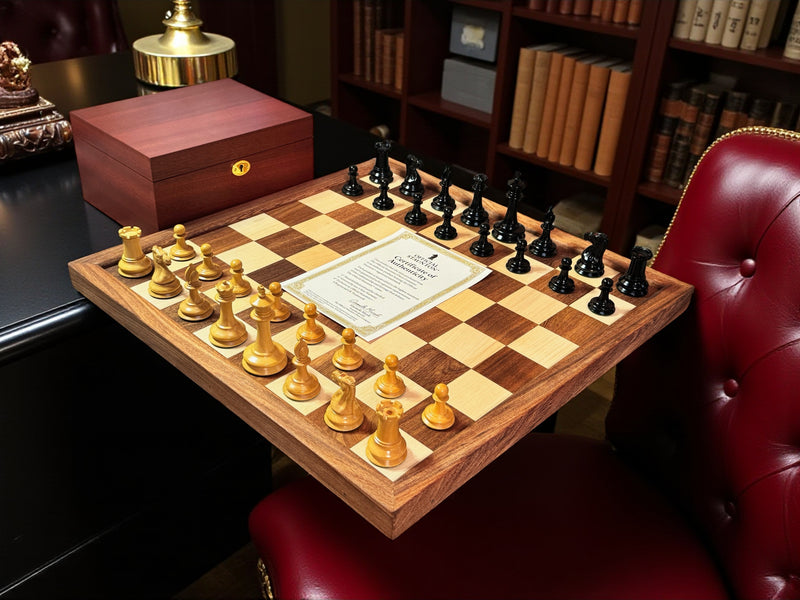 Leuchars Chessmen Mahogany Box with Framed Wood Chessboard