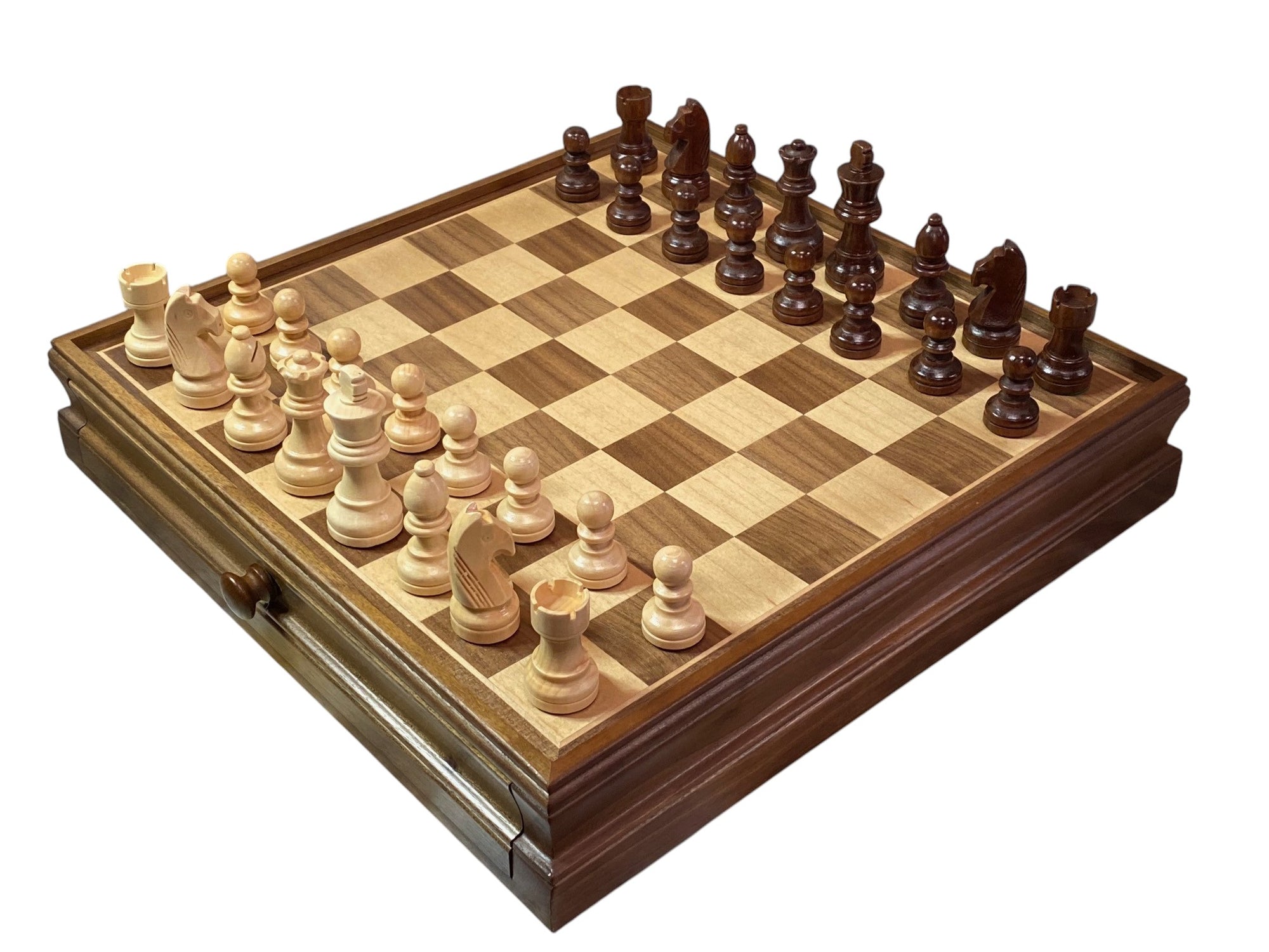 Economy 15-Inch Walnut Drawer Chess and Draughts Set