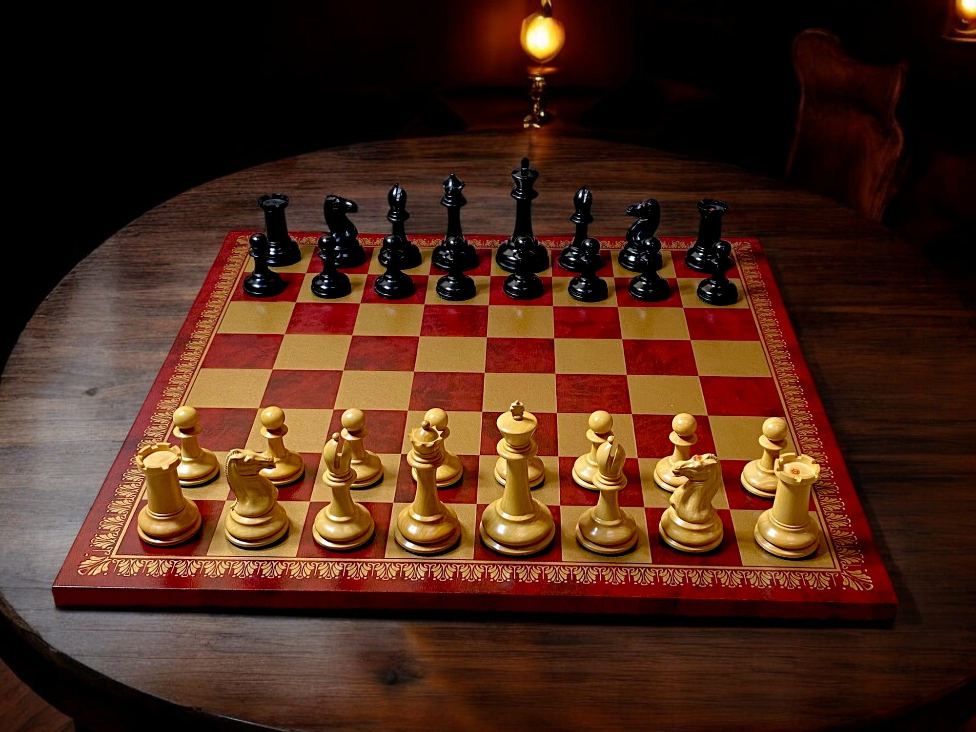 Harrwitz Chessmen Italian Claret Chessboard and Mahogany Box