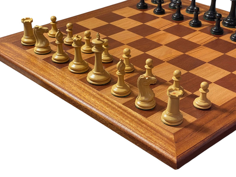 3.5" Cooke Reproduction Chess Pieces, Antiqued Chessboard, Mahogany Hinged Box