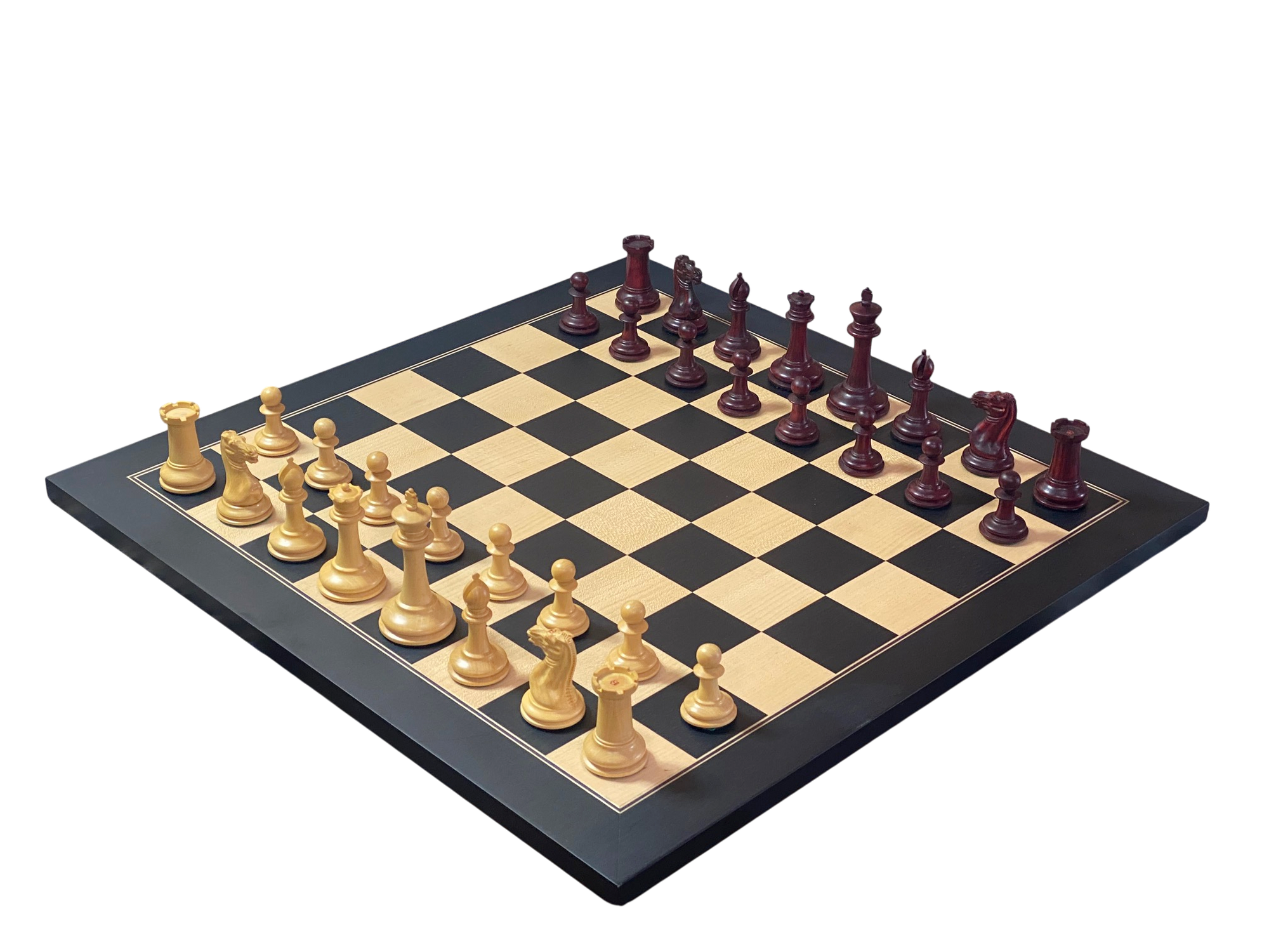 Cooke 3.5" Claret Boxwood Chess Set with 52cm Anegre Deluxe Chessboard & Vinyl Box