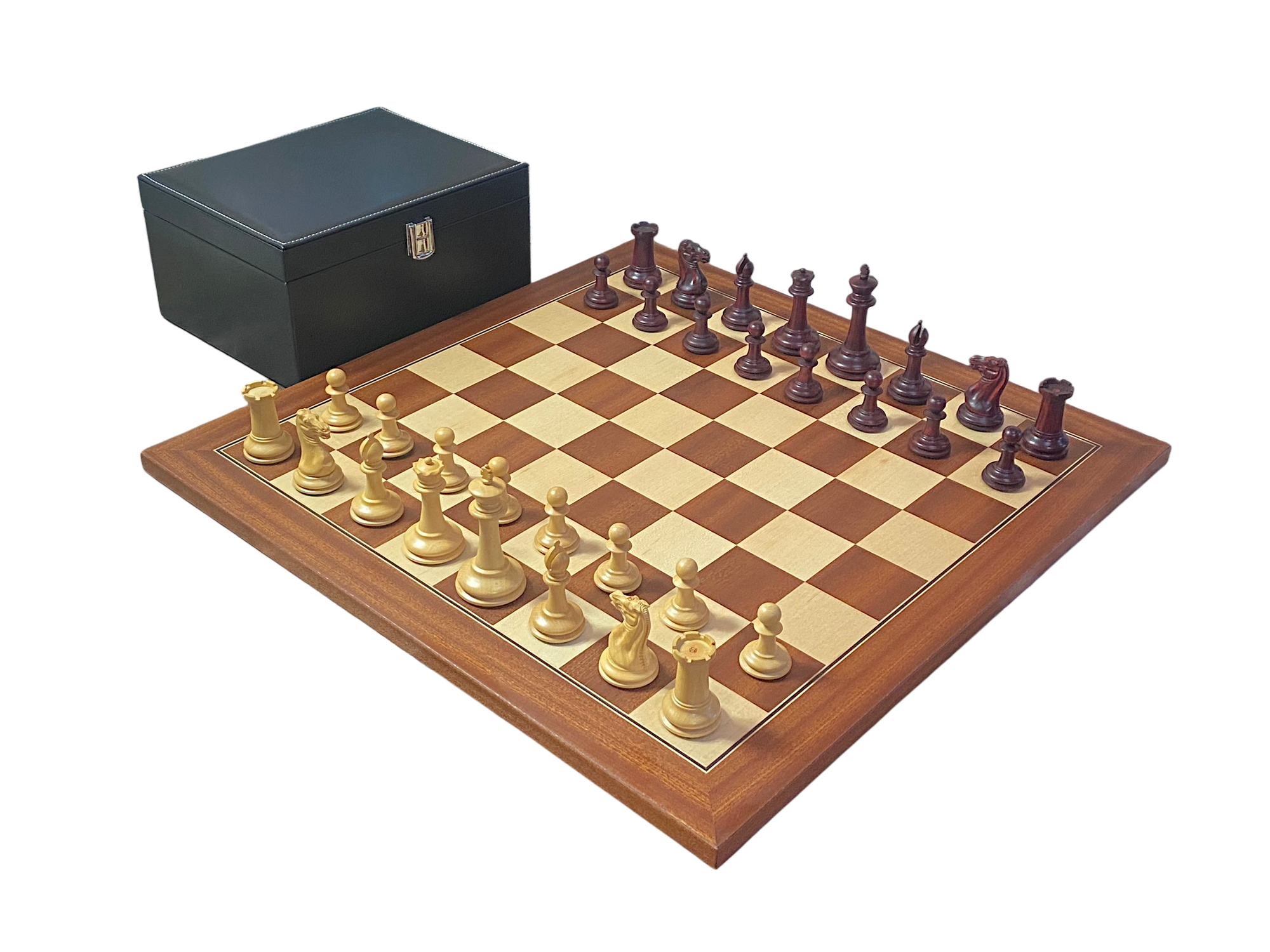 Cooke 3.5" Claret Boxwood Chess Set with Mahogany & Maple Deluxe Board and Vinyl Box