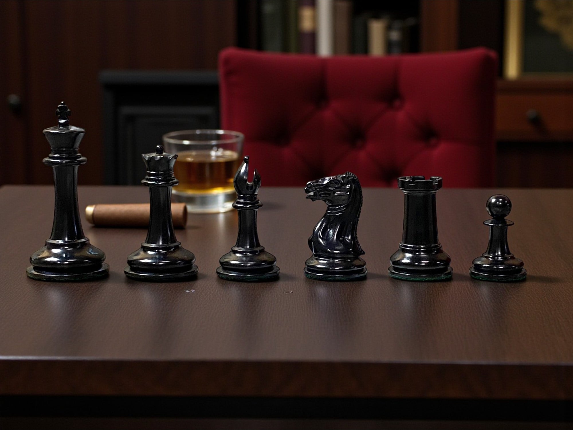 3.5" 1849 Antique Cooke Chessmen with Mahogany Box