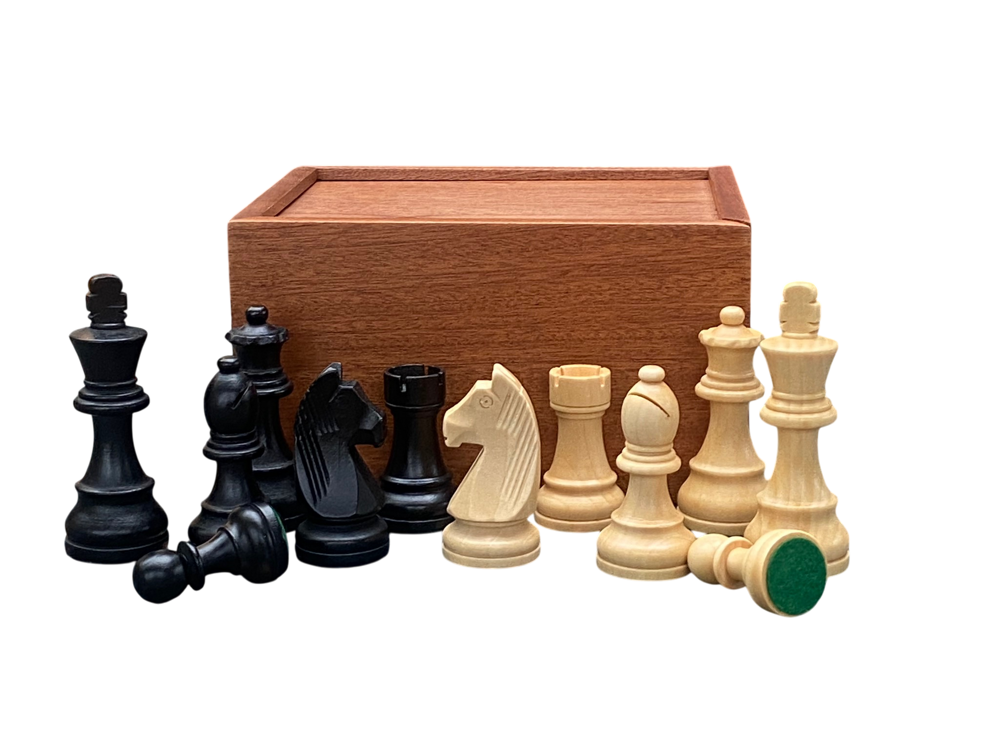 3.75" Club Classic Black and Natural Chessmen and Solid Mahogany Slide Lid Box