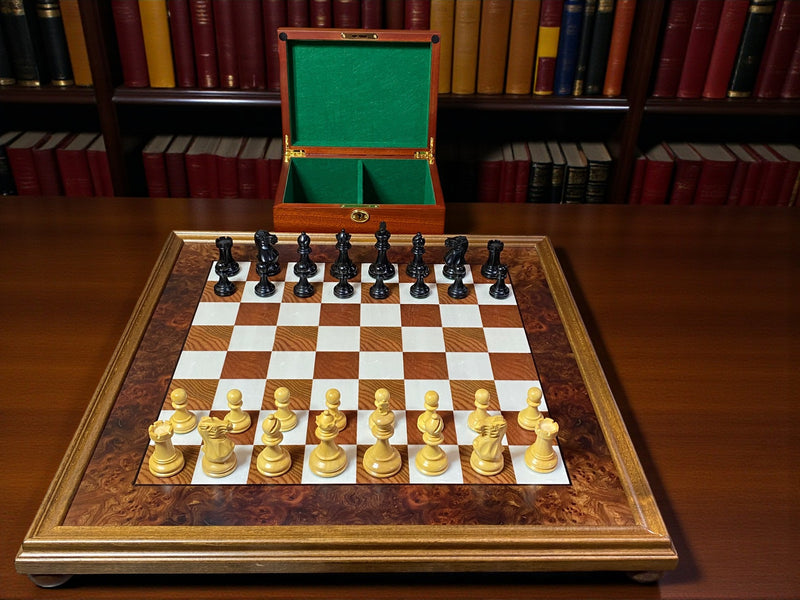 Elite Chessmen with Italian 20" Burl Walnut Maple Board & Mahogany Box