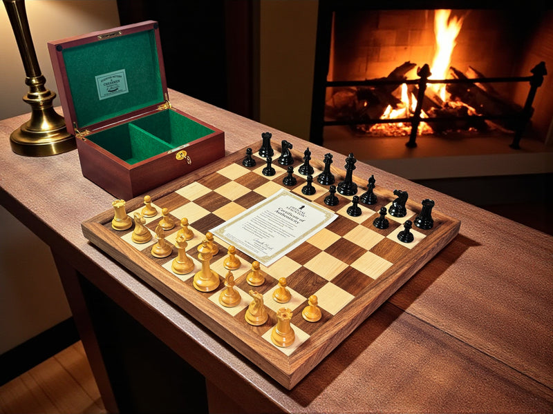 Leuchars Chessmen Mahogany Box with Framed Wood Chessboard