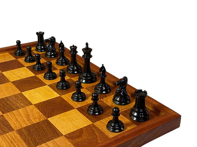Leuchars Cooke 1849 Chess Set with Large Antiqued Framed Board, Hinged Mahogany Box