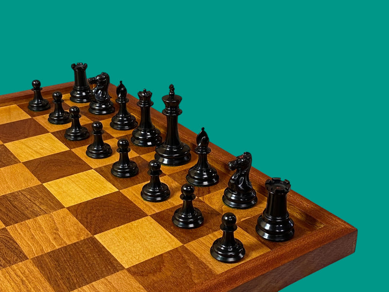 Leuchars Cooke 1849 Chess Set with Large Antiqued Framed Board, Hinged Mahogany Box