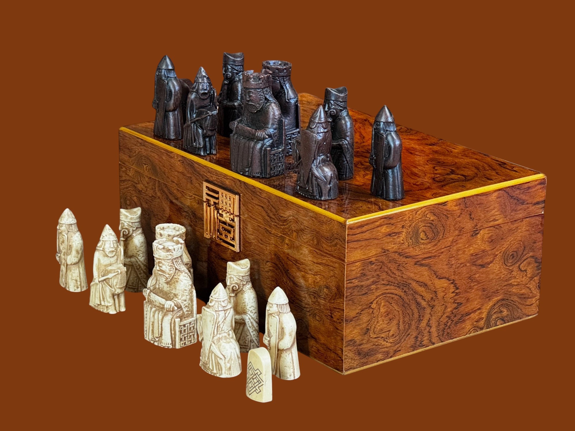 Isle of Lewis Chess Set with Deluxe Walnut Burlroot Storage Box