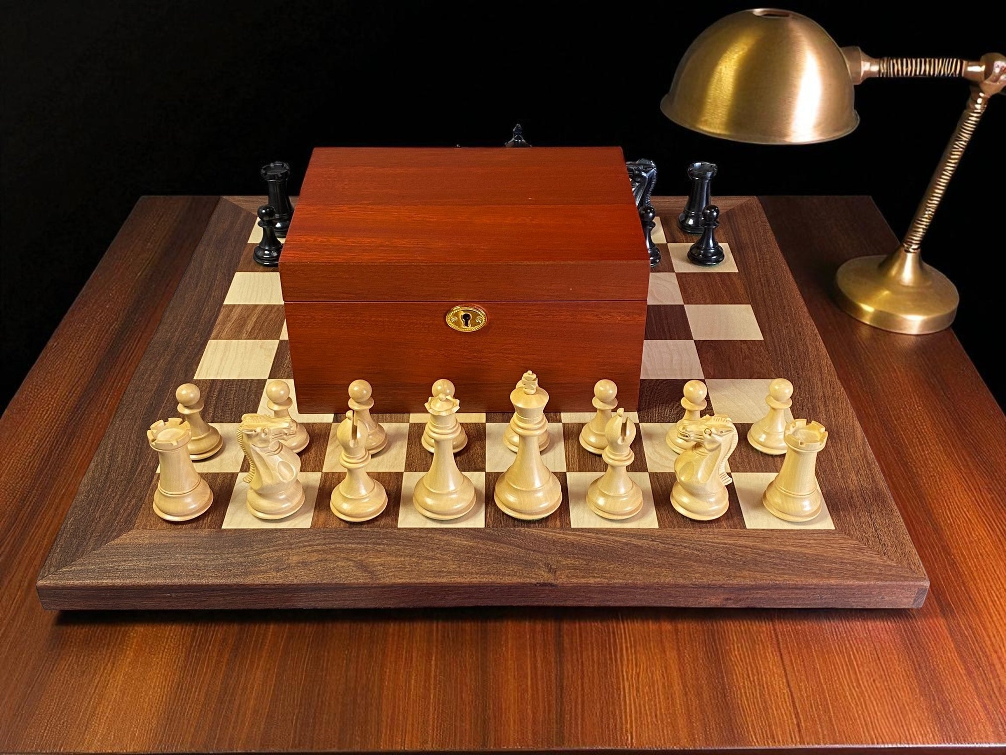 21-Inch Acacia & Maple Chessboard with 4-Inch Staunton Collector Series Chessmen & Mahogany Box