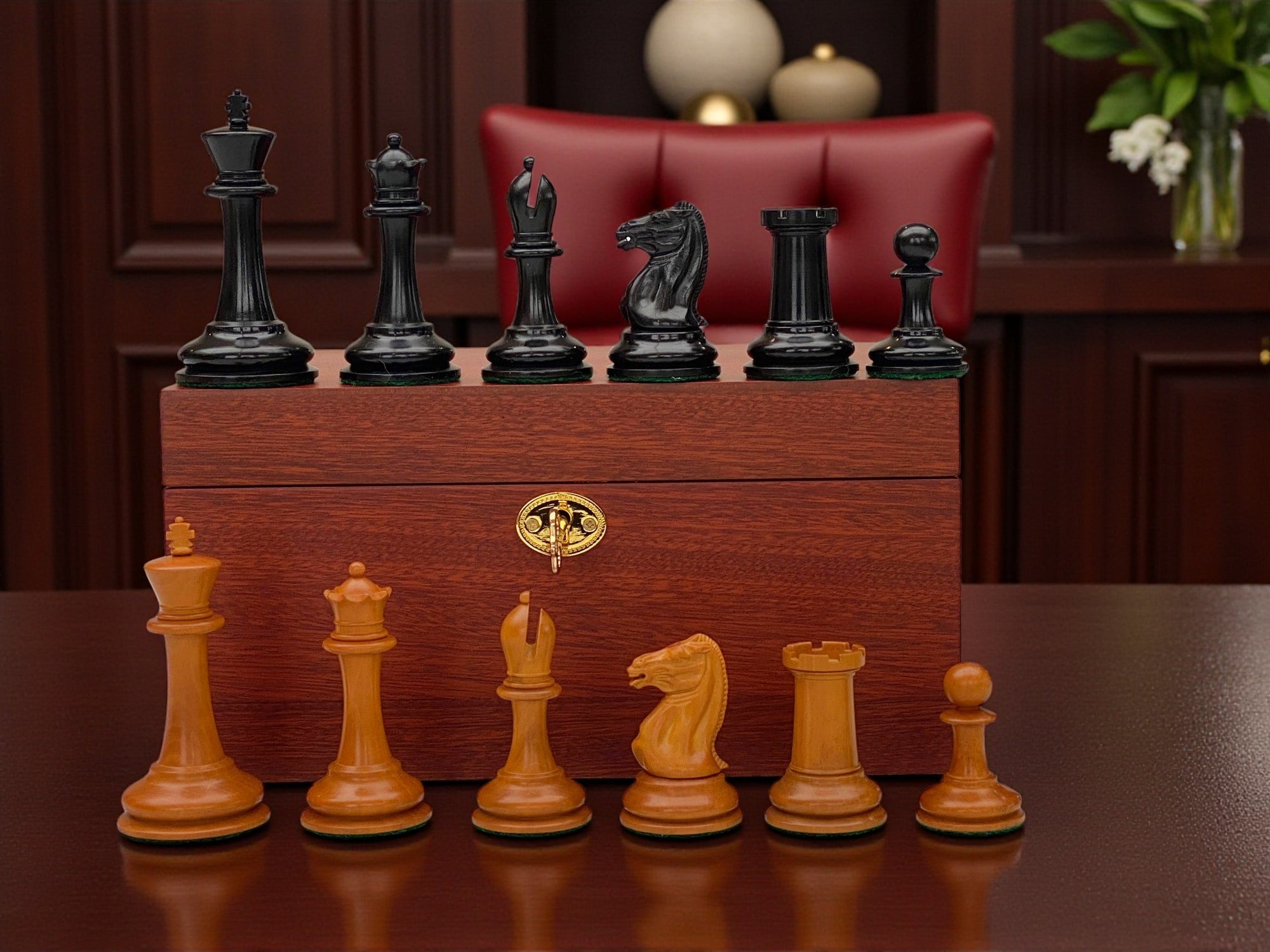 Antique Harrwitz Chessmen and Mahogany Deluxe Box
