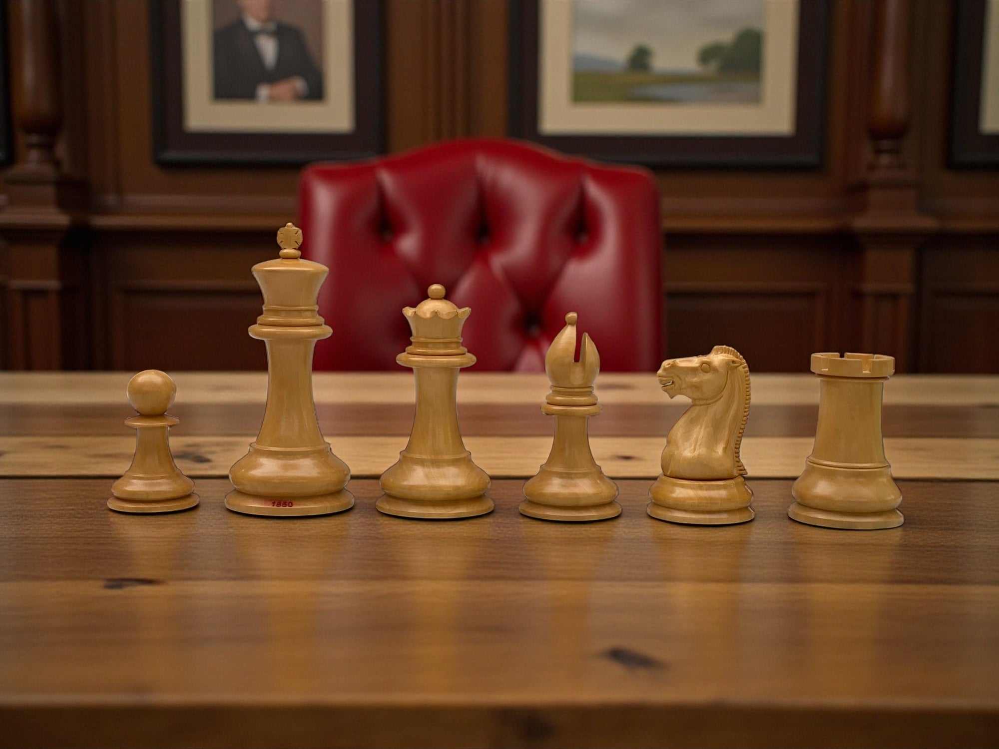 4.4" 1850 Boxwood and Ebony Chessmen – Deluxe Mahogany Box