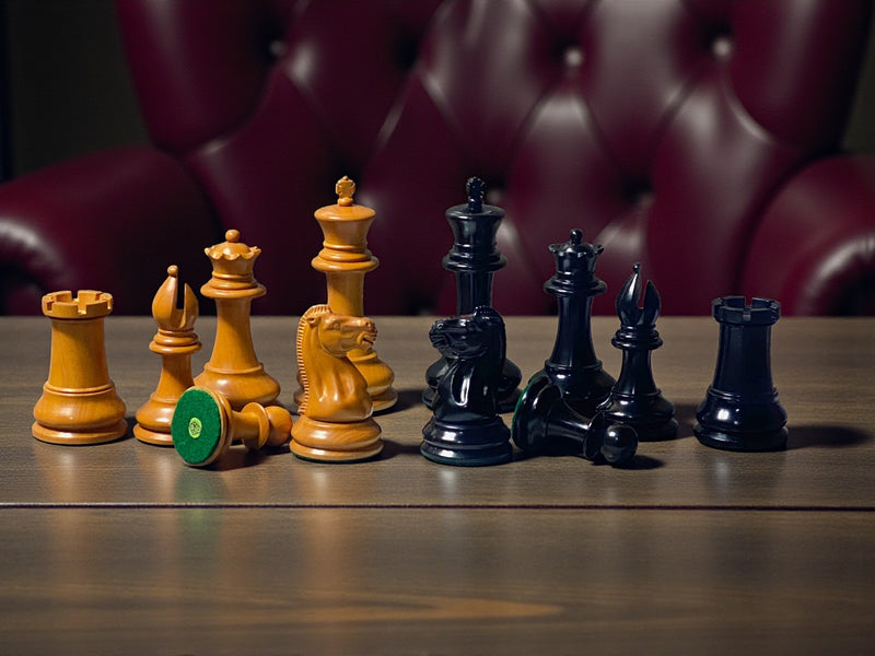 4.4" 1850 Antique Ebony Chessmen and Mahogany Deluxe Box