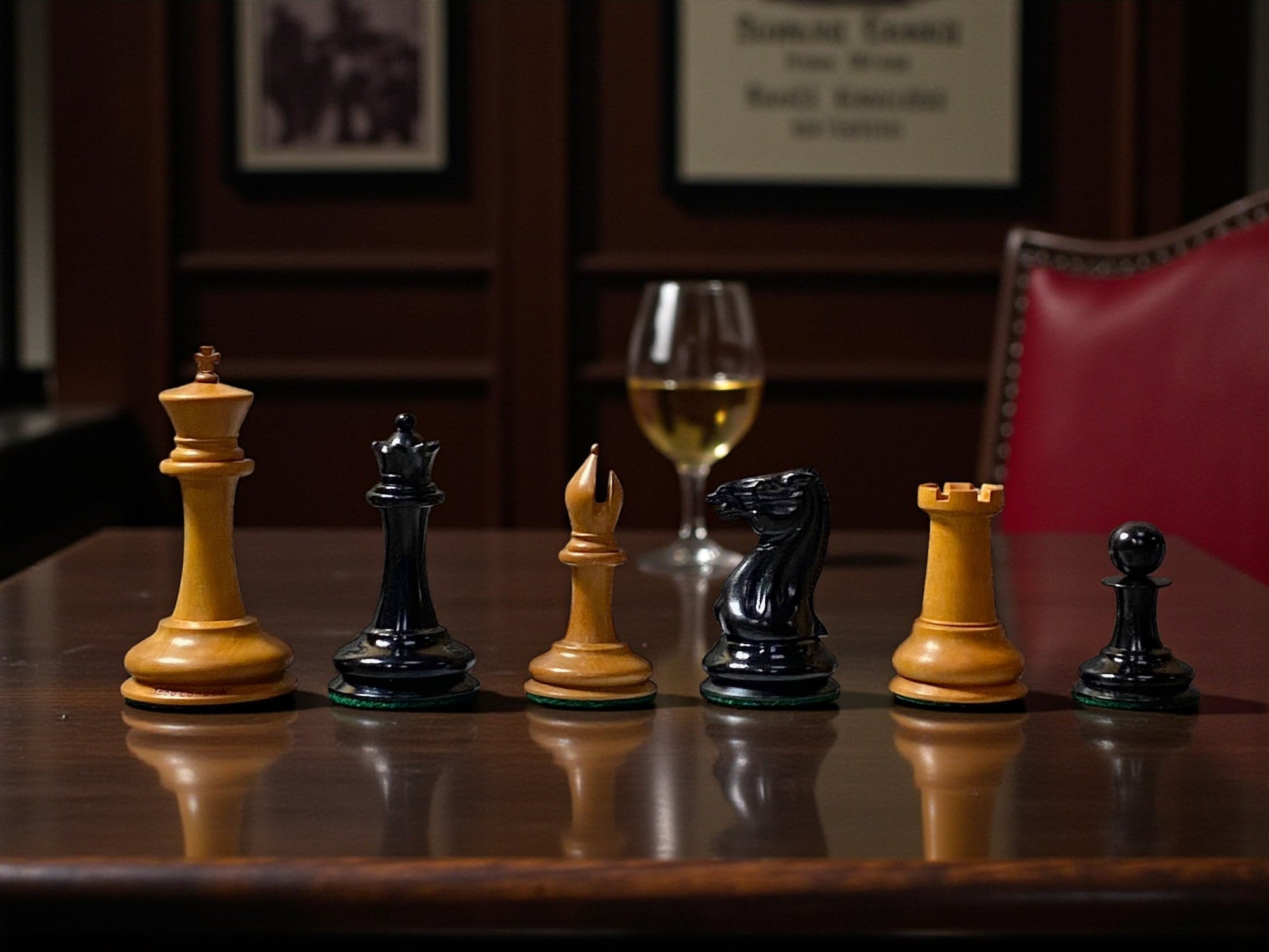 3.5" 1850 Antique Ebony Chessmen with Hinged Mahogany Box