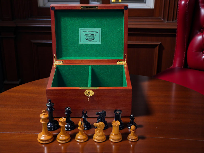 Antique Leuchars Cooke Chessmen and Mahogany Deluxe Box