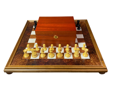 Elite Chessmen with Italian 20" Burl Walnut Maple Board & Mahogany Box