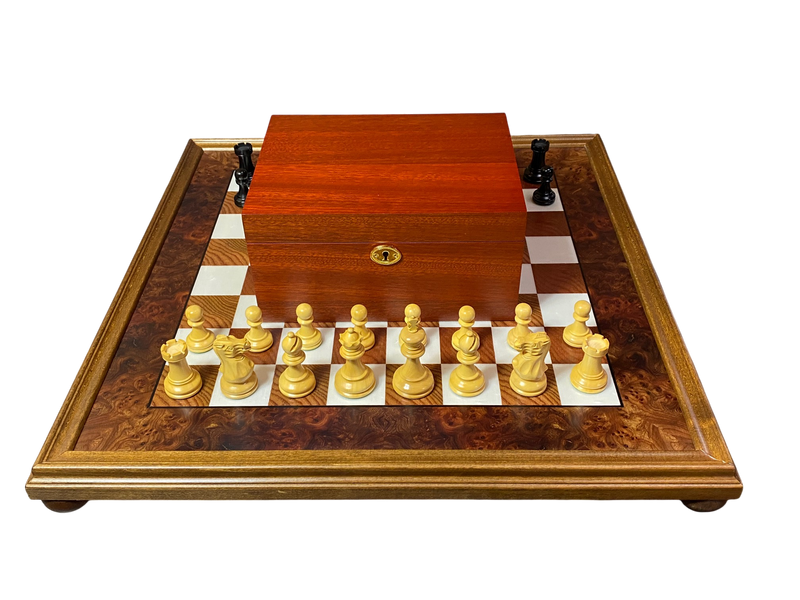 Elite Chessmen with Italian 20" Burl Walnut Maple Board & Mahogany Box
