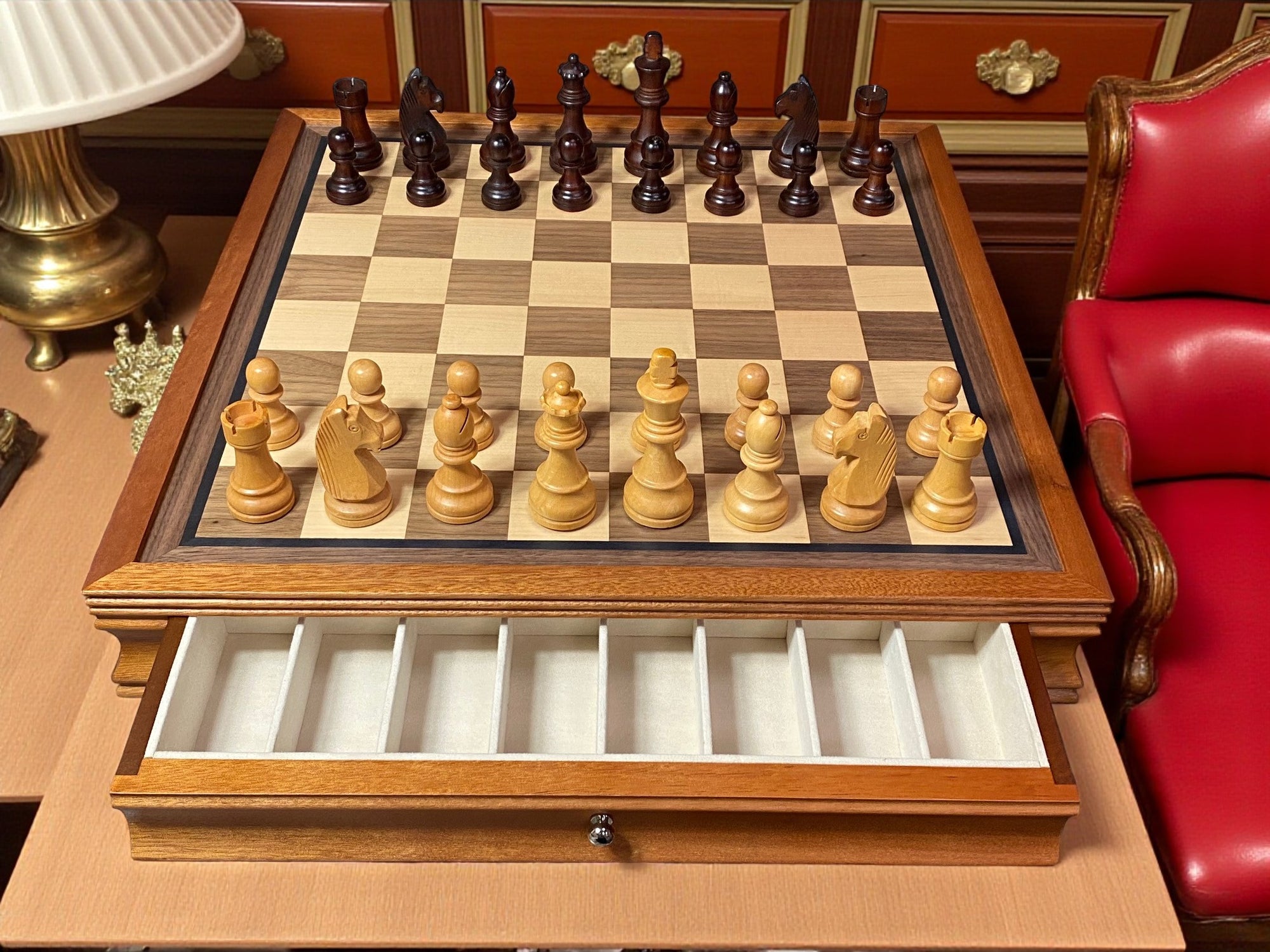 Grandmaster Brown Walnut Mahogany Drawer Chess Set