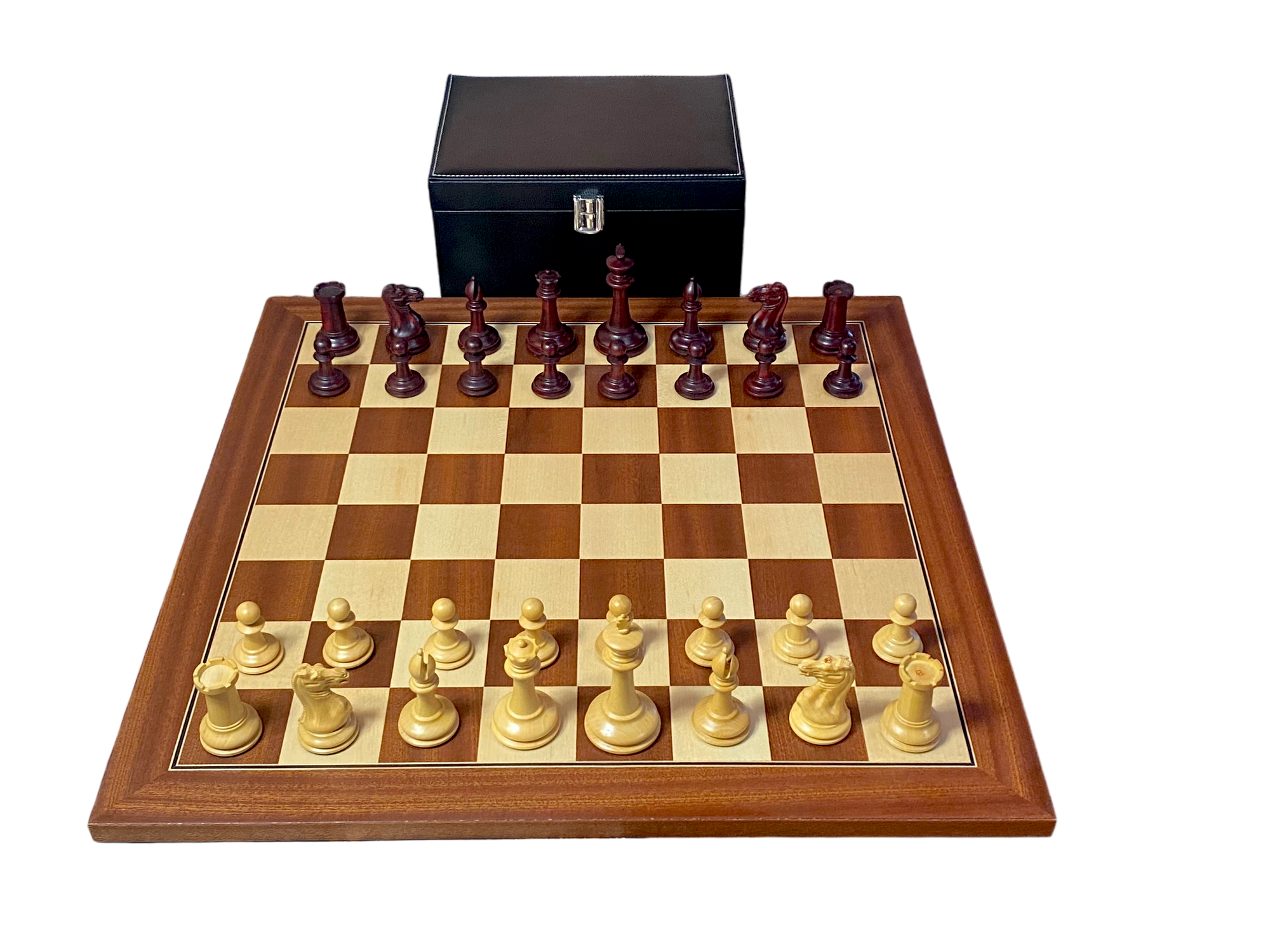 Cooke 3.5" Claret Boxwood Chess Set with Mahogany & Maple Deluxe Board and Vinyl Box