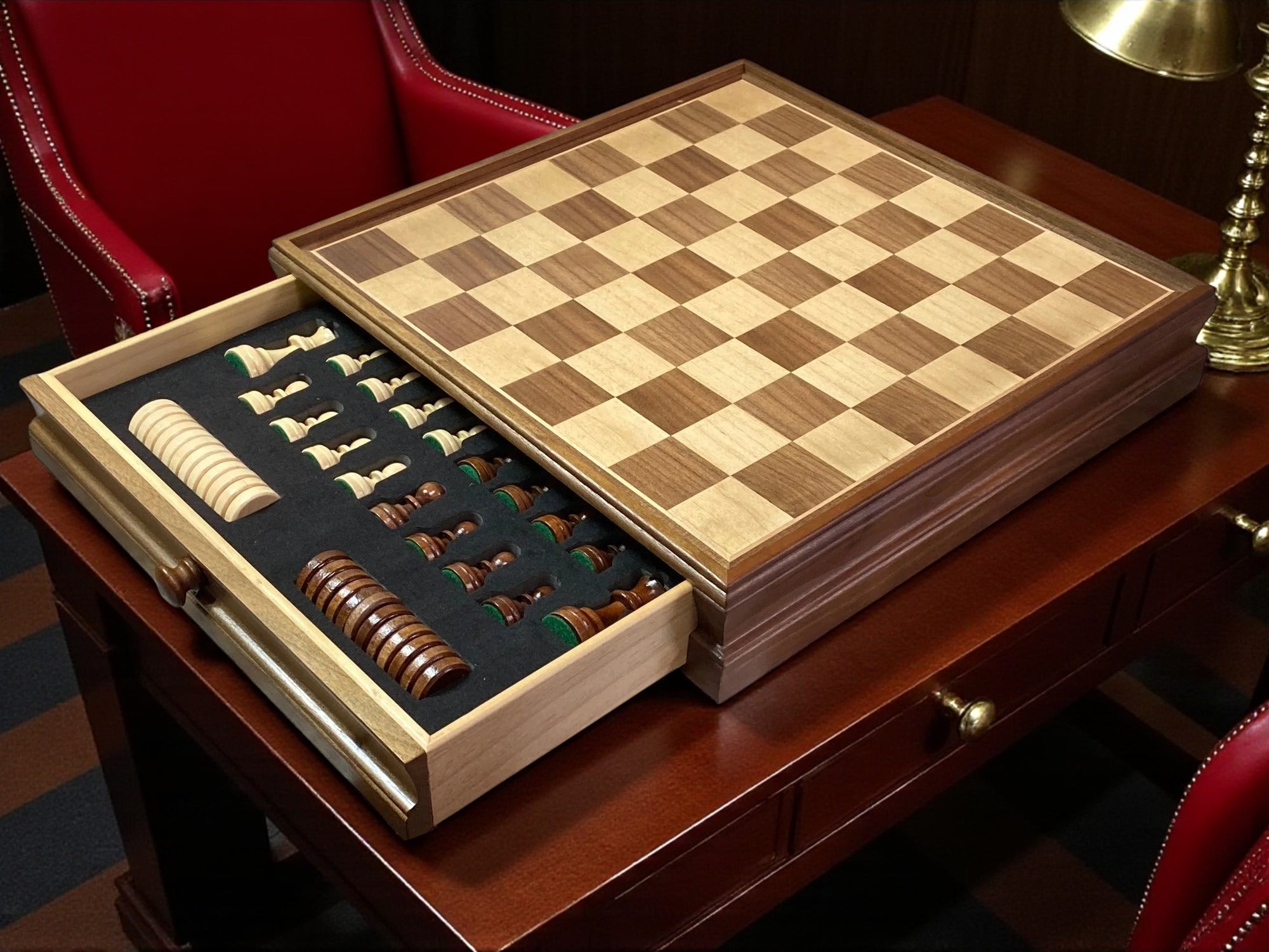 Economy 15-Inch Walnut Drawer Chess and Draughts Set