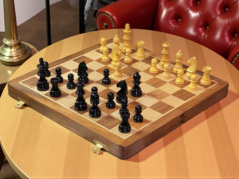 14" Folding Magnetic Black and Natural Pieces Chess Set