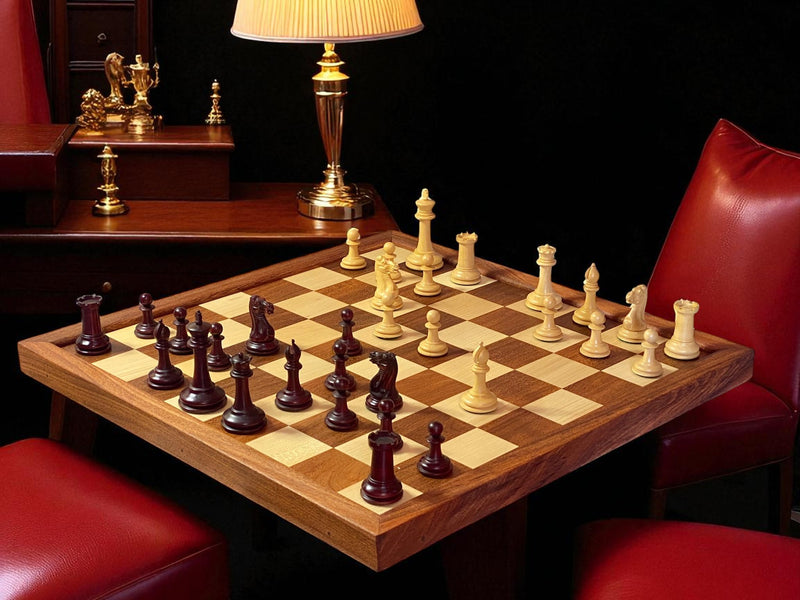 3.5" Cooke Claret Chessmen Mahogany Frame Chessboard and Hinge Box
