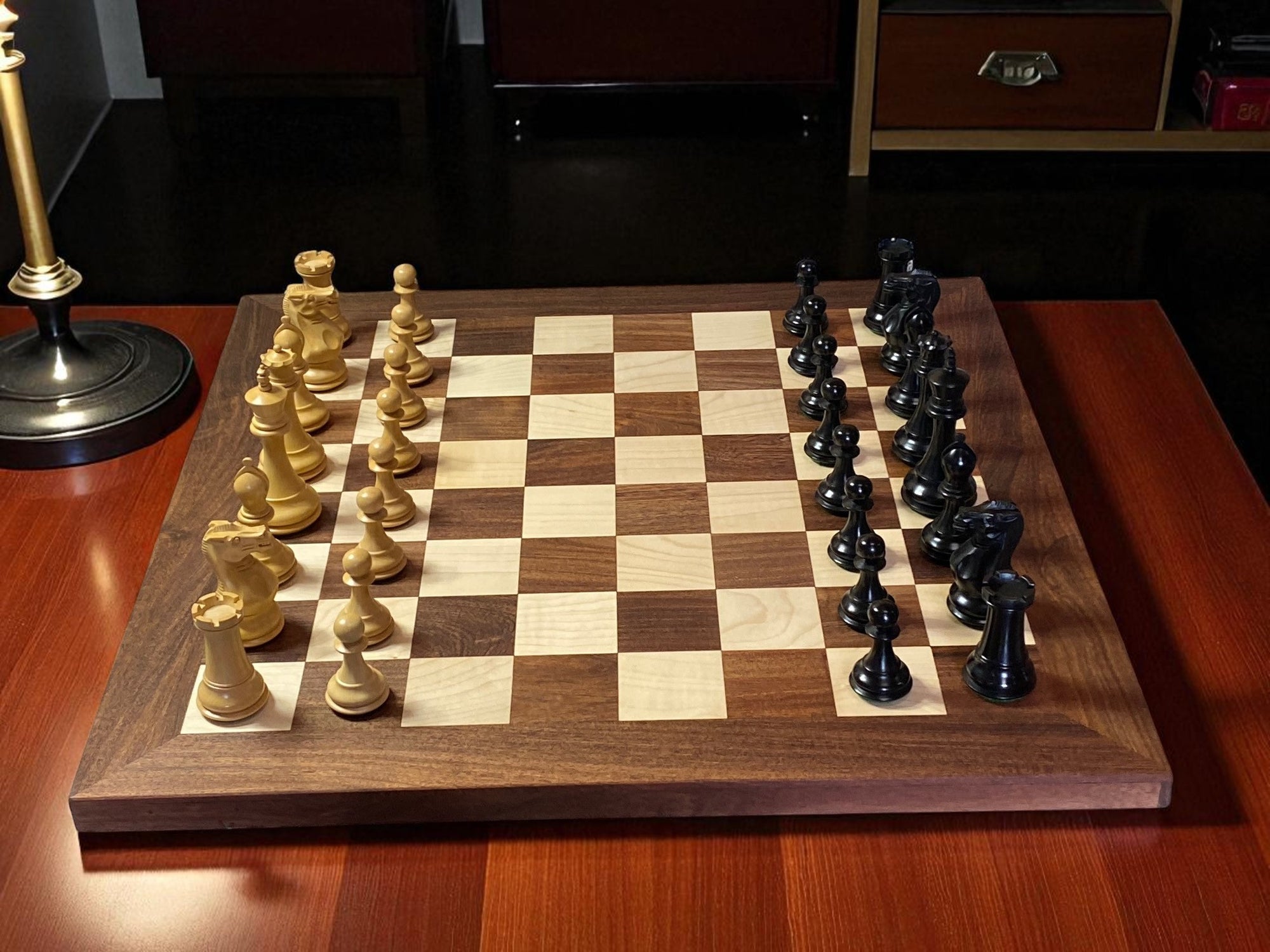21-Inch Acacia & Maple Chessboard with 4-Inch Staunton Collector Series Chessmen & Mahogany Box