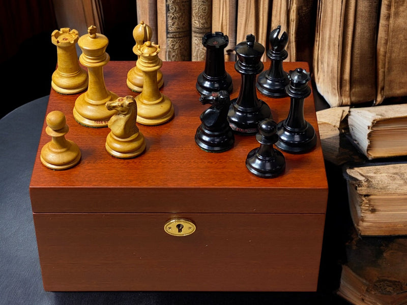 Antique Dropjaw Reproduction Chessmen Mahogany Hinged Box